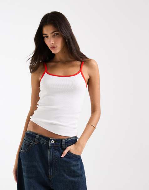 ASOS DESIGN - Hemdje met lage ronde hals en contrasterende biezen in wit - view 1