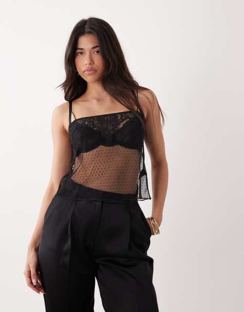 ASOS DESIGN - Hemdje van dobby mesh met kanten rand en bandjes in zwart - view 1