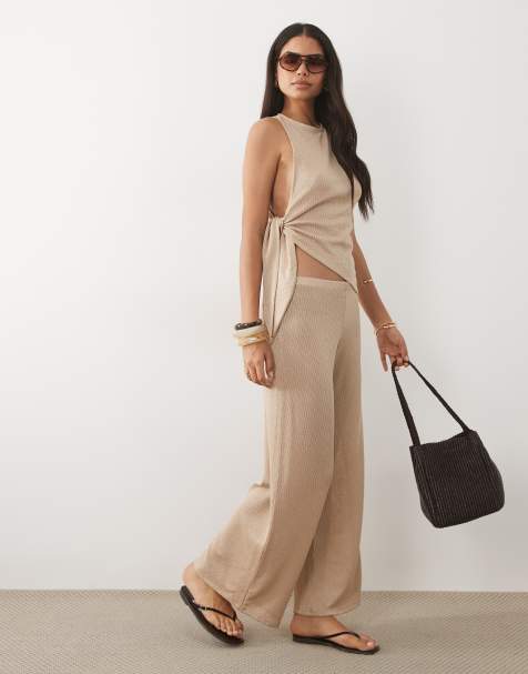 ASOS DESIGN - Hemdje van jersey met textuur en geknoopt detail aan de zijkant in stone - view 1