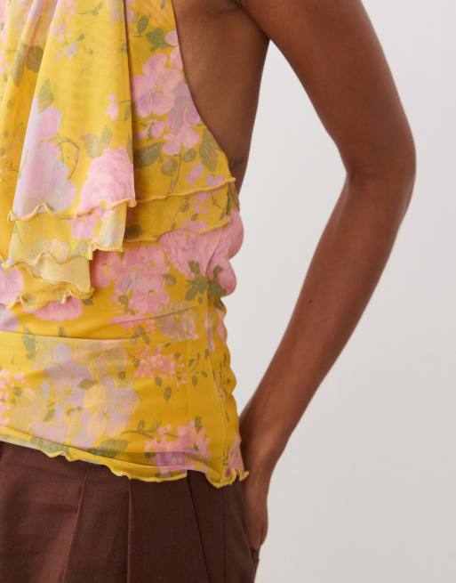 ASOS DESIGN - Hemdje van mesh met ruches, halternek en bloemenprint in groen, 4 van 4