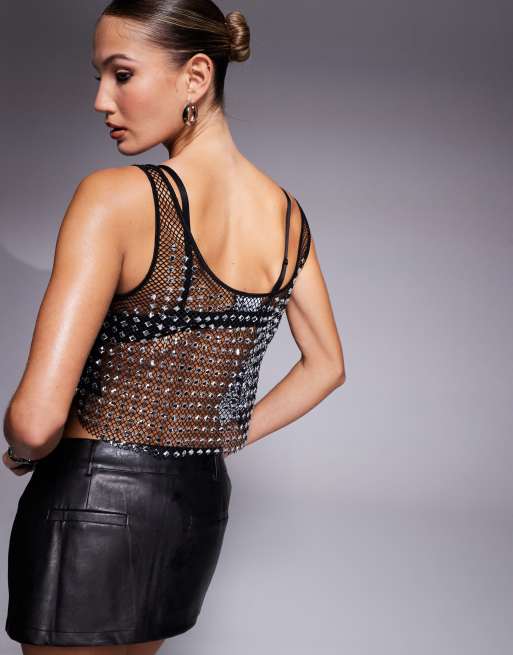 ASOS DESIGN - Hemdje van visnet met siersteentjes in zwart, 3 van 4