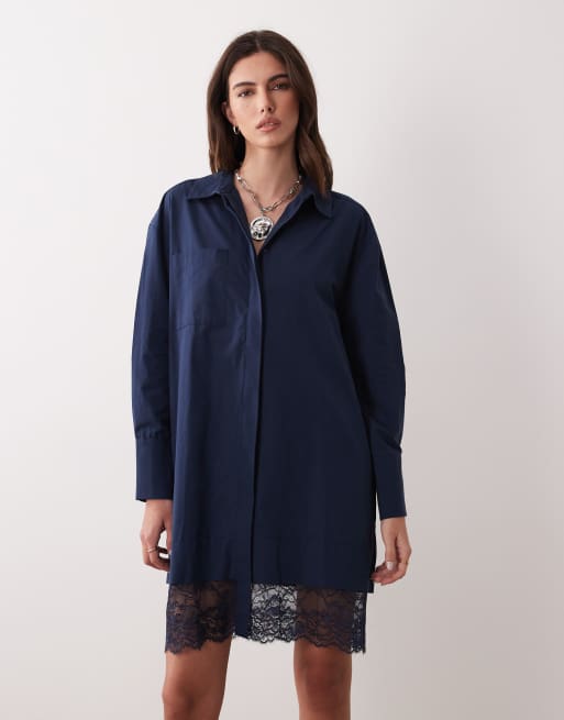 ASOS DESIGN – Hemdkleid in Marineblau mit Spitzenbesatz, 2 von 4