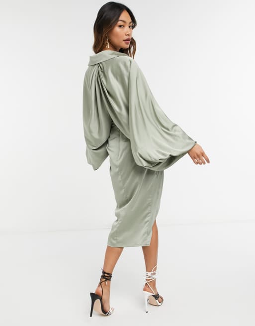 ASOS DESIGN – Hemdkleid mit Blousonärmeln und Rückenausschnitt in Olivegrün, 2 von 4