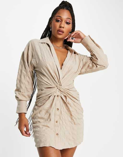 ASOS DESIGN – Hemdkleid mit Zierknoten vorne in Camel