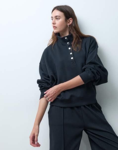 ASOS DESIGN henley interlock sweat in black - view 1