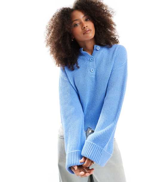 ASOS DESIGN henley knitted top in light blue - view 1