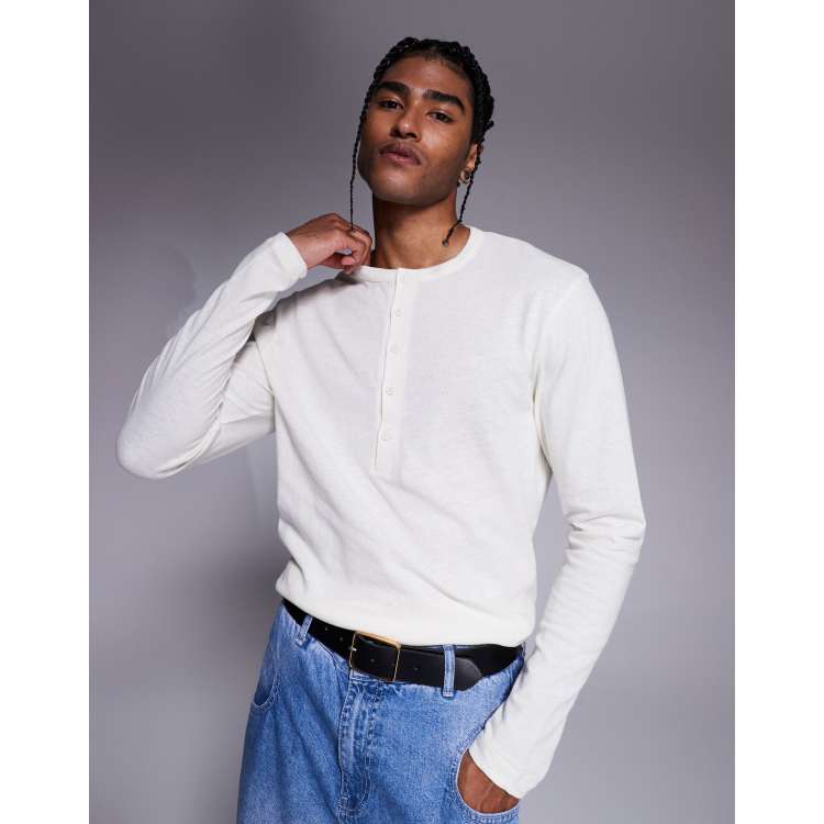 ASOS DESIGN henley long sleeve t-shirt in cream linen mix | ASOS
