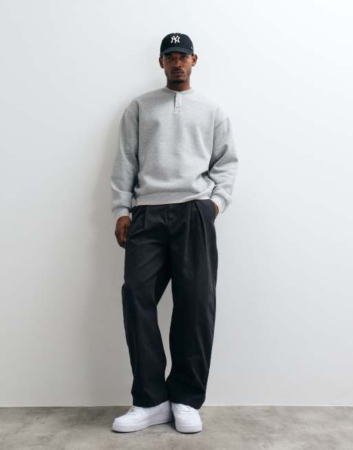 ASOS DESIGN henley neck bomber sweatshirt with striped rib-knit detailing in heather gray, 2 of 5
