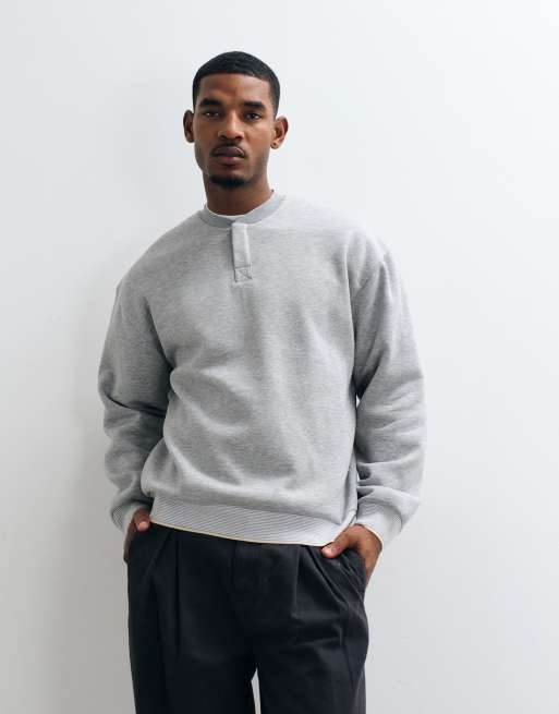 ASOS DESIGN henley neck bomber sweatshirt with striped rib-knit detailing in heather gray, 3 of 5