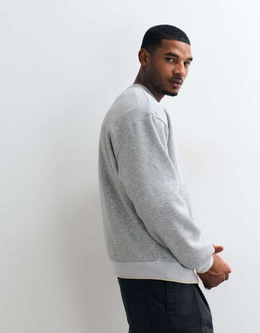 ASOS DESIGN henley neck bomber sweatshirt with striped rib-knit detailing in heather gray, 4 of 5