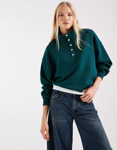 ASOS DESIGN henley neck interlock sweatshirt in khaki green - view 1