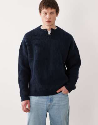 Henley-Oberteil aus Strick in Marineblau mit extremer Oversize-Passform Marineblau XL