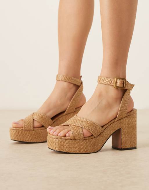ASOS DESIGN Henley platform mid heeled sandals in natural raffia