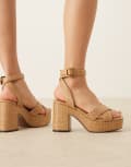 [ASOS DESIGN] ASOS DESIGN Henley platform mid heeled sandals in stone-Neutral 39 STONE RAFFIA