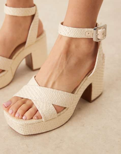 ASOS DESIGN Henley platform mid heeled sandals in white raffia - view 1