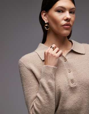 ASOS DESIGN - Henley-Pullover aus Strick in Hellbeige mit Kragen und lockerer Passform-Neutral