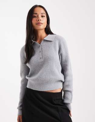 ASOS DESIGN - Henley-Pullover aus Strick in Hellgrau mit Kragen und lockerer Passform