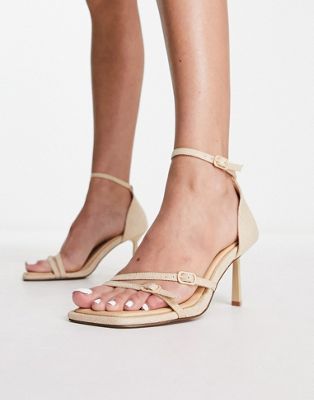 ASOS DESIGN Henley buckle detail mid heeled sandals in natural linen  - ASOS Price Checker