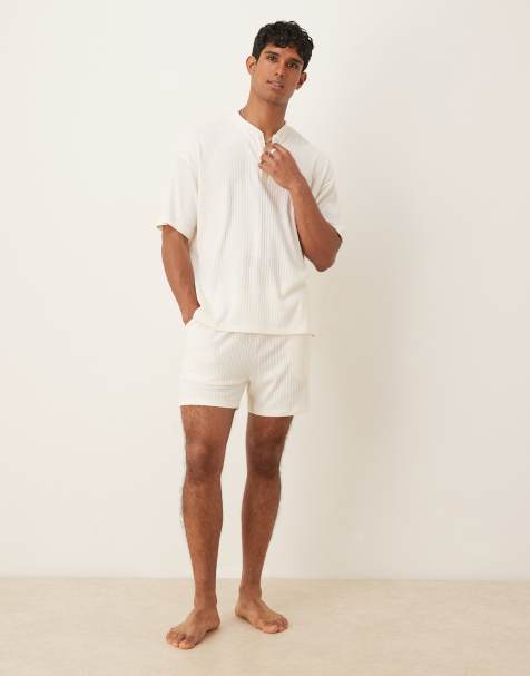 ASOS DESIGN henley soft rib lounge set in cream - BEIGE - view 1