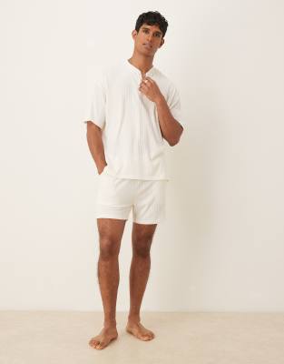 ASOS DESIGN henley soft rib lounge set in cream - BEIGE