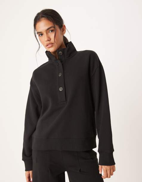ASOS DESIGN – Henley-Sweatshirt in Schwarz mit Kragen, Kombiteil - view 1