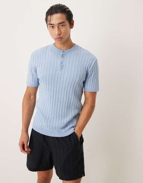 ASOS DESIGN – Henley-T-Shirt aus Strick in Hellblau mit körperbetontem Schnitt - view 1