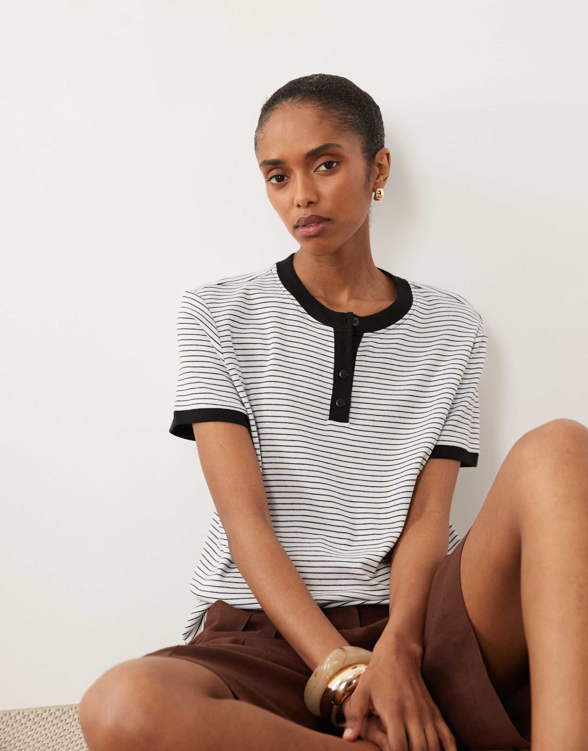 asos design henley t-shirt in black and white stripes