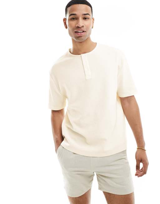 ASOS DESIGN henley t-shirt in ecru waffle | ASOS