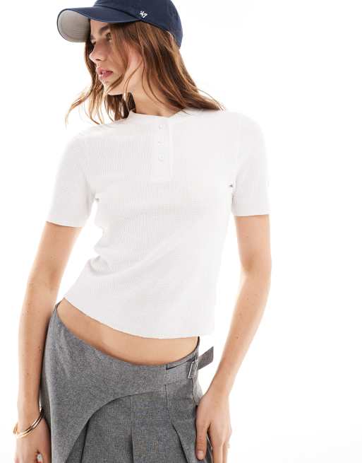 ASOS DESIGN - Henley T-shirt met korte mouwen en wafelstructuur in wit
