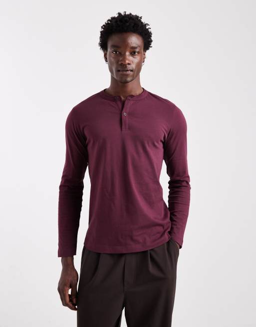ASOS DESIGN - Henley T-shirt met lange mouwen en verlaagde schouder in bordeauxrood