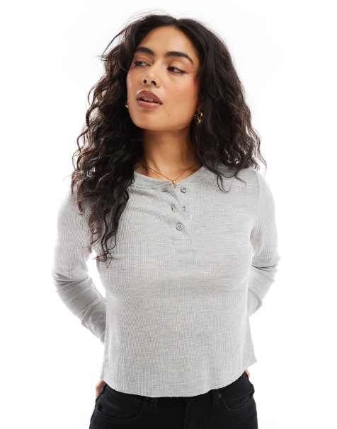 ASOS DESIGN - Henley T-shirt met lange mouwen van wafelstof in gemêleerd grijs - view 1