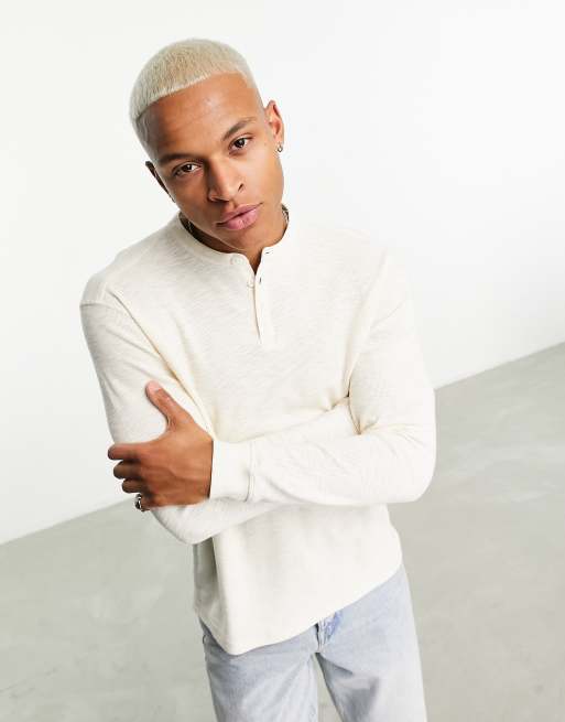 ASOS DESIGN - Henley T-shirt met linnenlook en lange mouwen in ecru