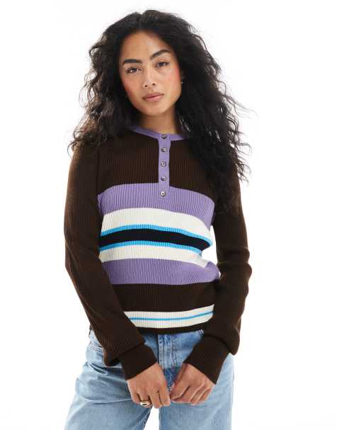 ASOS DESIGN - Henley-top med brune striber i strik - view 1