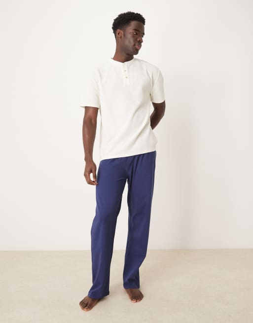 ASOS DESIGN henley waffle pyjama set in navy and white