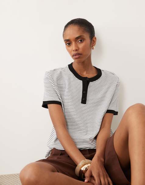 ASOS DESIGN – Henly – Vit- och svartrandig t-shirt i henleystil - view 1