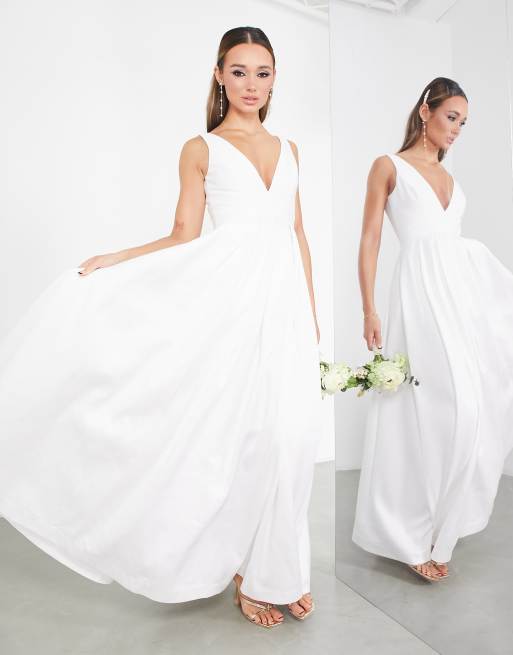 ASOS DESIGN Henrietta plunge waisted wedding dress with full skirt in ivory