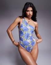 ASOS DESIGN Petite seersucker scoop swimsuit with giant bow back detail in blue gingham