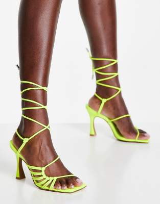 Asos Design Herald Knotted Caged Tie Leg Mid Heeled Sandals In Neon Yellow