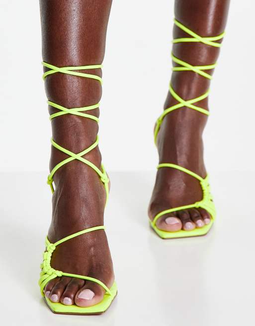 ASOS DESIGN Herald knotted caged tie leg mid heeled sandals in neon yellow