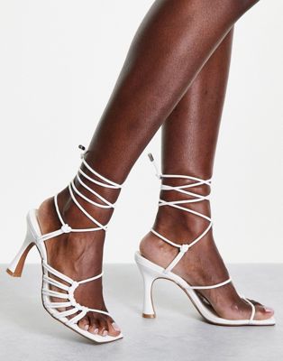 ASOS DESIGN Herald knotted caged tie leg mid heeled sandals in white