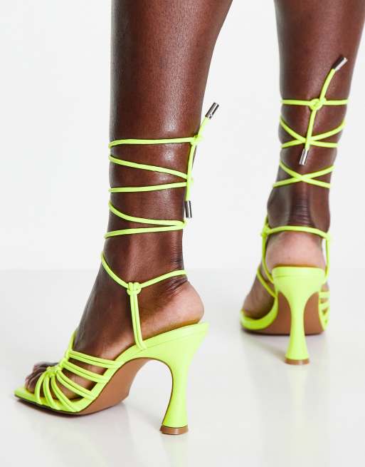 ASOS DESIGN - Herald - Neongule sandaler med mellemhøj hæl, knude- og gitterdesign og bindebånd om benet , 2 af 4