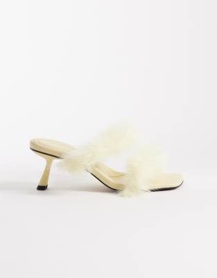 Asos Design Hercules Faux Fur Minimal Mid Heeled Mules In Neutral
