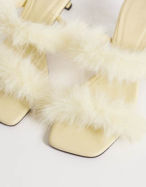 ASOS DESIGN Hercules faux fur minimal mid heeled mules in lemon, 2 of 4