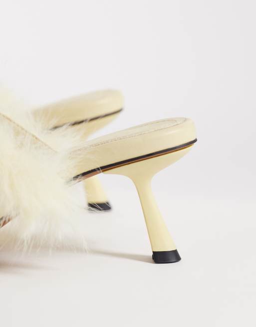 ASOS DESIGN Hercules faux fur minimalist mid heeled mules in lemon, 3 of 4