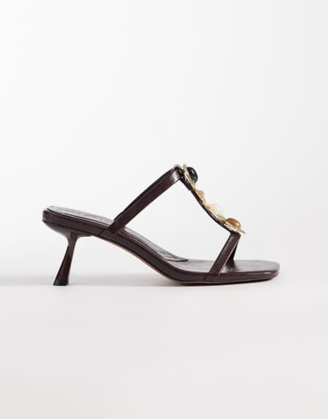 ASOS DESIGN Hercules trim detail minimal mid heeled mules in chocolate - view 1