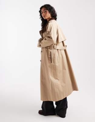 Asos Design Hero Longline Trench Coat In Neutral