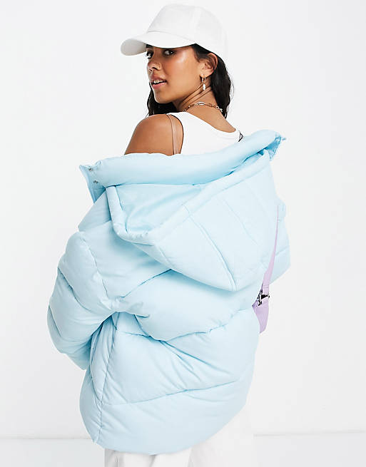 ASOS DESIGN hero oversized panelled puffer coat with hood in blue