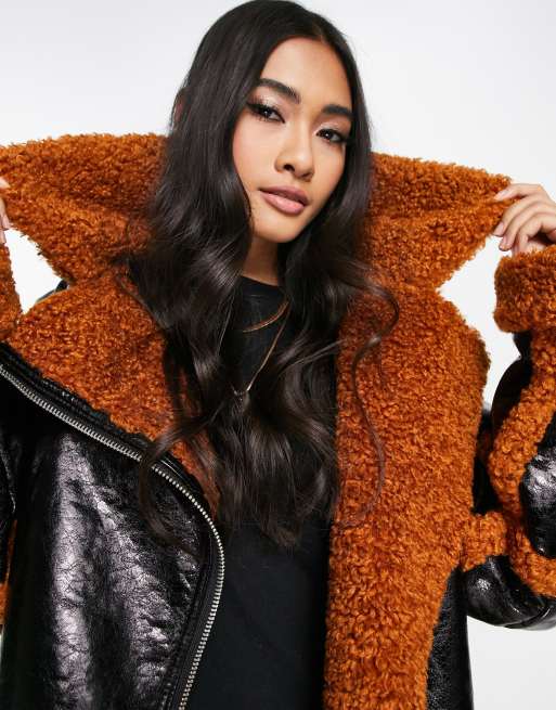 ASOS DESIGN hero shaggy borg jacket in black and ginger