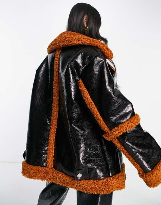 ASOS DESIGN hero shaggy borg jacket in black and ginger