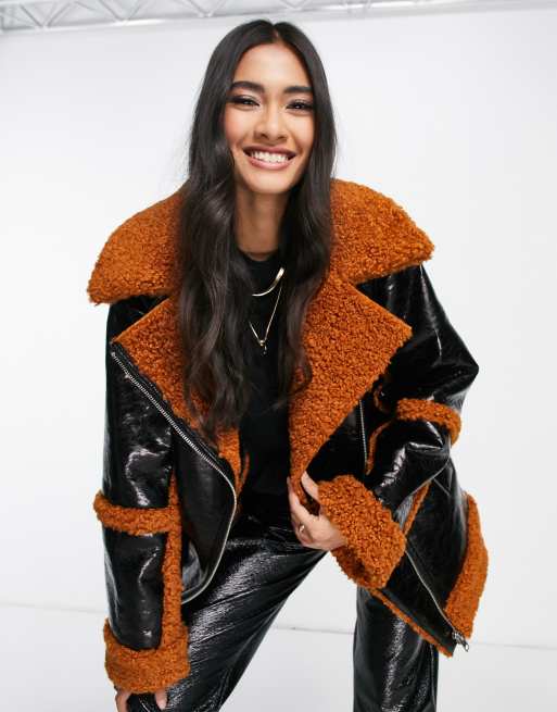 ASOS DESIGN hero shaggy sherpa jacket in black and ginger | ASOS